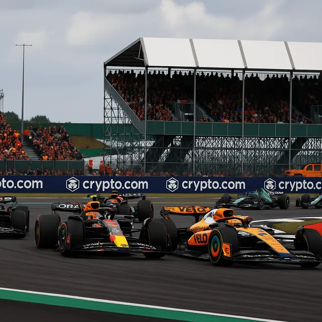 F1 Silverstone 2026 sprint race action with McLaren and Red Bull cars battling on track in front of packed grandstands
