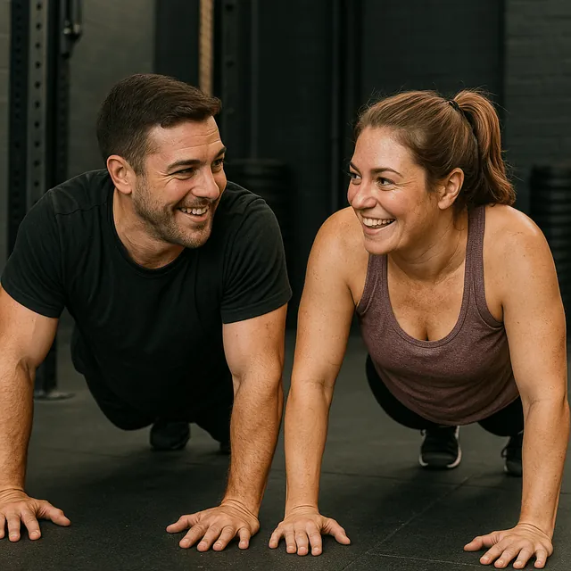 Man and woman smiling at each other while doing exercise, push ups in a gym 
