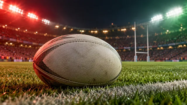 AI-generated illustration of a rugby league ball on grass beneath red and green stadium lights.