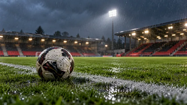 AI-generated illustration of a football on a rain-soaked pitch under stadium floodlights.