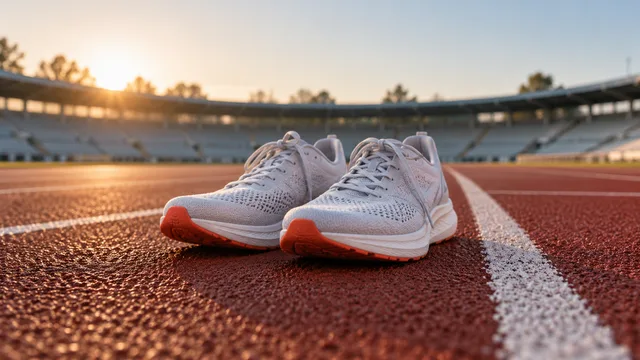 AI-generated illustration of running shoes beside a white line on an empty athletics track.