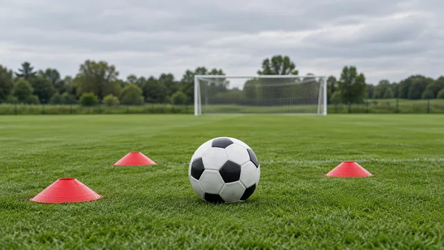 AI-generated illustration of a football and red cones on an empty training pitch.