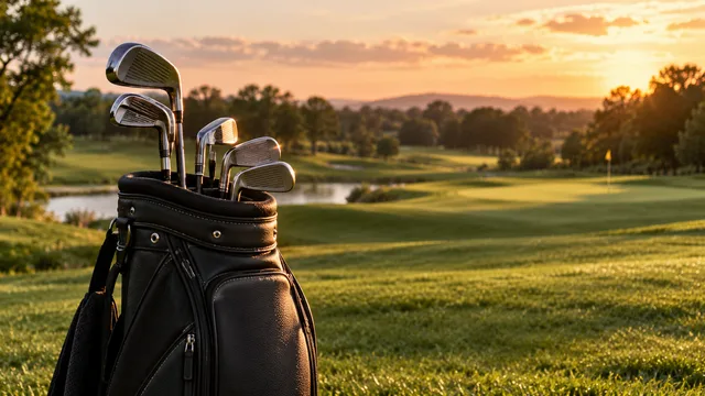 AI-generated illustration of an unbranded golf bag and clubs beside an empty fairway at sunset.