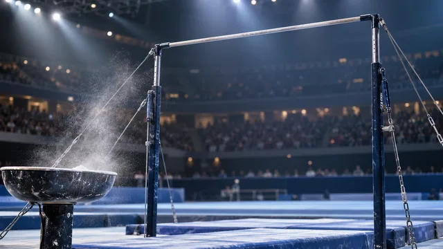 AI-generated illustration of a high bar and chalk bowl in an indoor gymnastics arena.