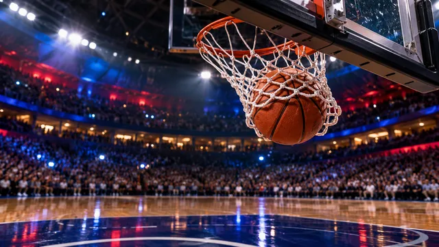 AI-generated illustration of a basketball falling through a hoop in an indoor arena.