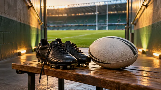 AI-generated illustration of rugby boots and an oval ball on a bench beside an empty stadium tunnel.