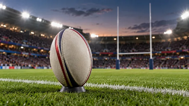AI-generated illustration of a rugby league ball on a kicking tee beneath stadium floodlights.
