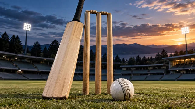 AI-generated illustration of a cricket bat, stumps and white ball on a floodlit ground at dusk.