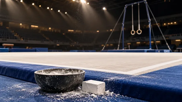 AI-generated illustration of a chalk bowl beside a gymnastics floor with still rings in an empty arena.