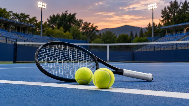 AI-generated illustration of a tennis racket and two yellow balls beside a blue hard-court baseline.