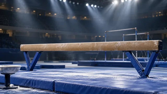 AI-generated illustration of a balance beam and chalk bowl in an empty gymnastics arena.
