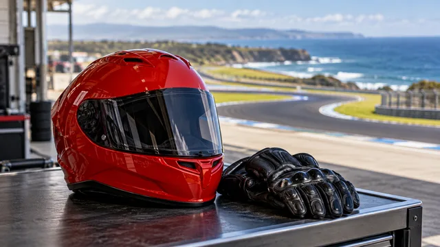 AI-generated illustration of a red racing helmet and gloves beside an empty coastal circuit.
