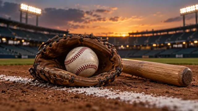 AI-generated illustration of a baseball in a leather glove beside a wooden bat on a stadium diamond.