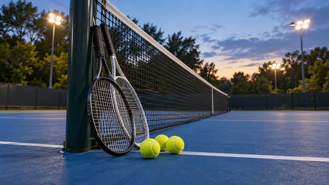 AI-generated illustration of two unbranded tennis rackets and yellow balls beside the net on an empty blue hard court.