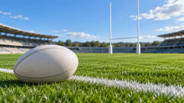 AI-generated illustration of an unbranded rugby league ball beside a white try-line on an empty field with goalposts.