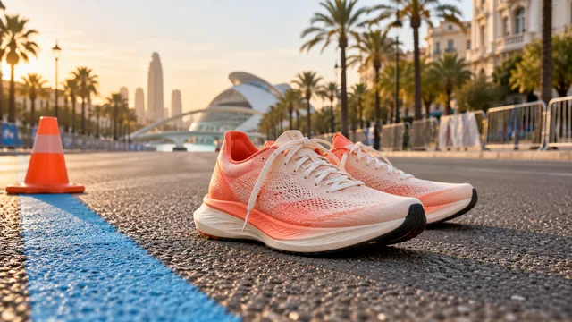 AI-generated illustration of unbranded racing shoes beside a blue road stripe and cone on a Mediterranean city boulevard.