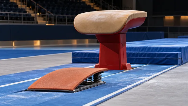 AI-generated illustration of an unbranded vaulting table, springboard and blue landing mats in an empty gymnastics arena.