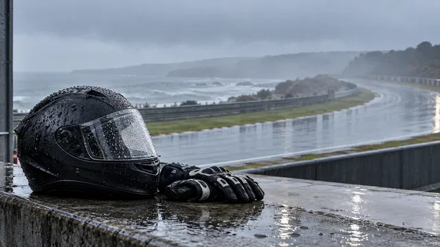 AI-generated illustration of a motorcycle helmet and gloves beside an empty, rain-soaked coastal circuit in mist.