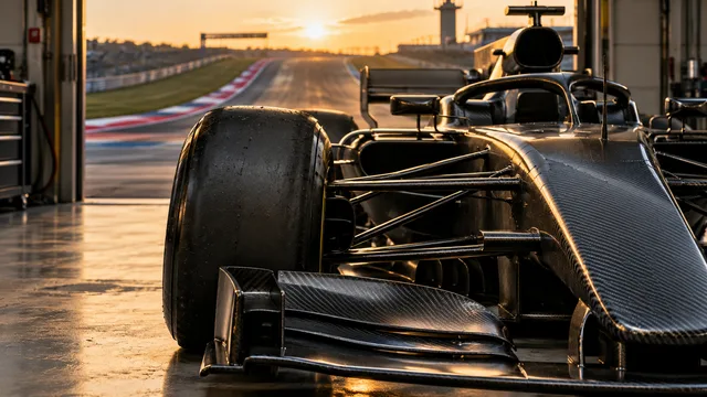 AI-generated illustration of an unbranded open-wheel racing car in a pit garage beside an uphill racing circuit.