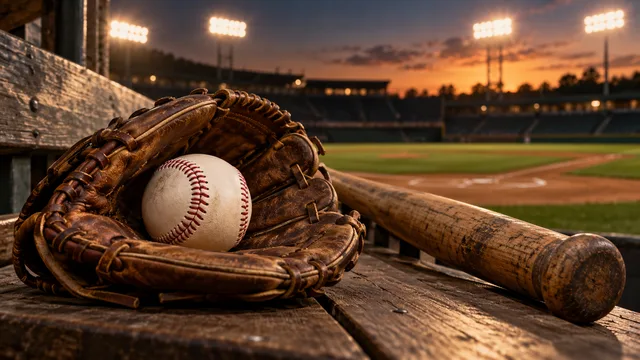 AI-generated illustration of a baseball in a leather glove beside wooden bats at a floodlit baseball diamond.