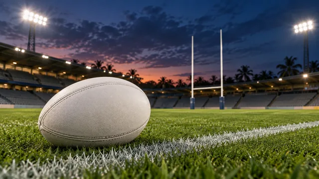 AI-generated illustration of a plain rugby league ball beside a white touchline in an empty floodlit stadium at tropical dusk.