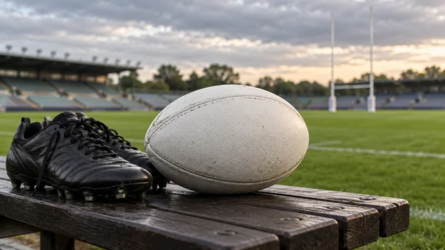 AI-generated illustration of a rugby league ball and black boots on a sideline bench beside an empty pitch.