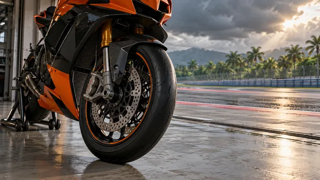 AI-generated illustration of an unbranded racing motorcycle in a pit garage beside a tropical circuit under rain clouds.