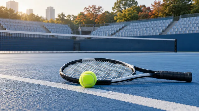 AI-generated illustration of a tennis racket and ball on an empty blue hard court in autumn light.