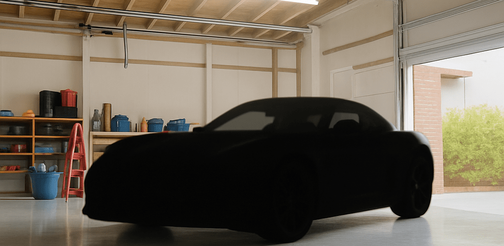 Silhouetted black Cheap sports car in a well-lit garage