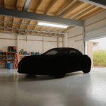 Silhouetted black Cheap sports car in a well-lit garage