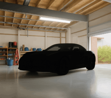 Silhouetted black Cheap sports car in a well-lit garage