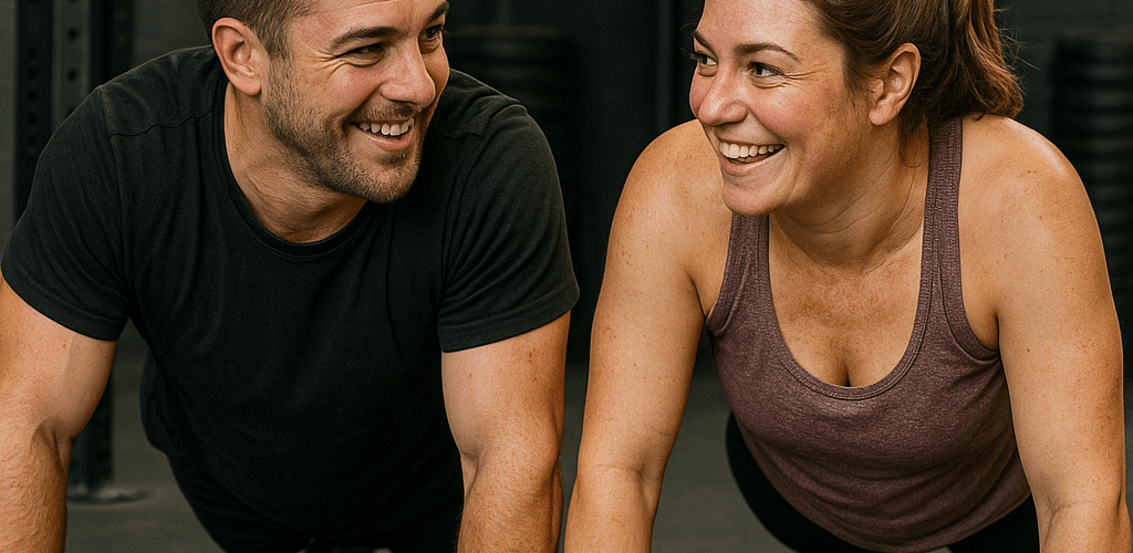 Man and woman smiling at each other while doing exercise, push-ups in a gym.