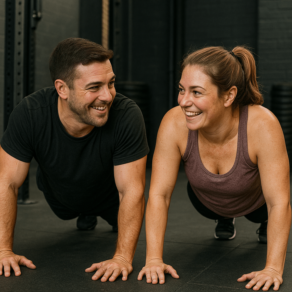 Man and woman smiling at each other while doing exercise, push-ups in a gym.
