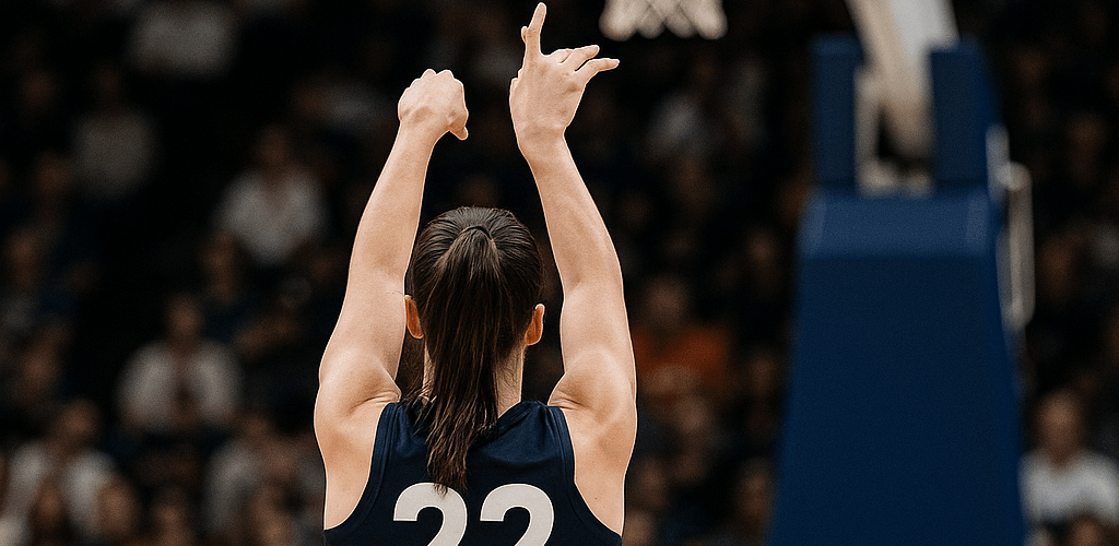 Caitlin Clark taking a jump shot during a WNBA game, highlighting the debate over WNBA pay and player value.