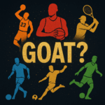 Silhouettes of iconic athletes surrounding sparkling "GOAT?" text representing the best athletes of all time.