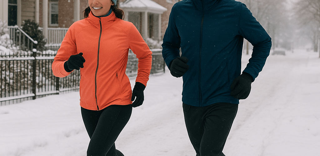 man and woman running in winter through a snowy neighborhood in winter running gear