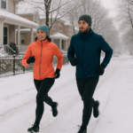 man and woman running in winter through a snowy neighborhood in winter running gear