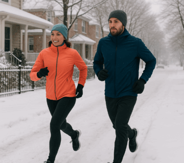 man and woman running in winter through a snowy neighborhood in winter running gear