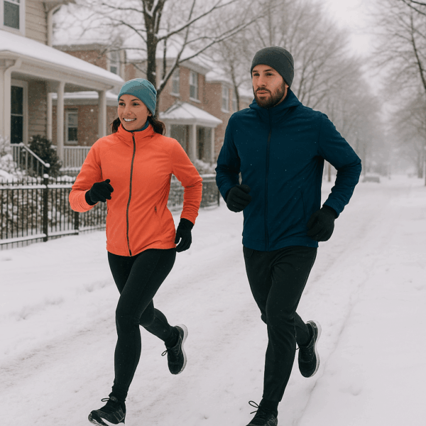 man and woman running in winter through a snowy neighborhood in winter running gear